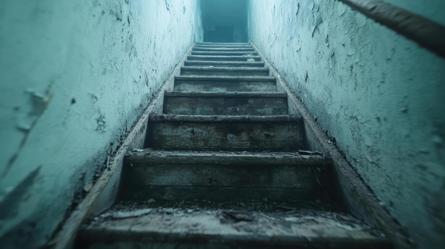 Old, worn staircase leading to dimly lit area, evoking sense of mystery photo