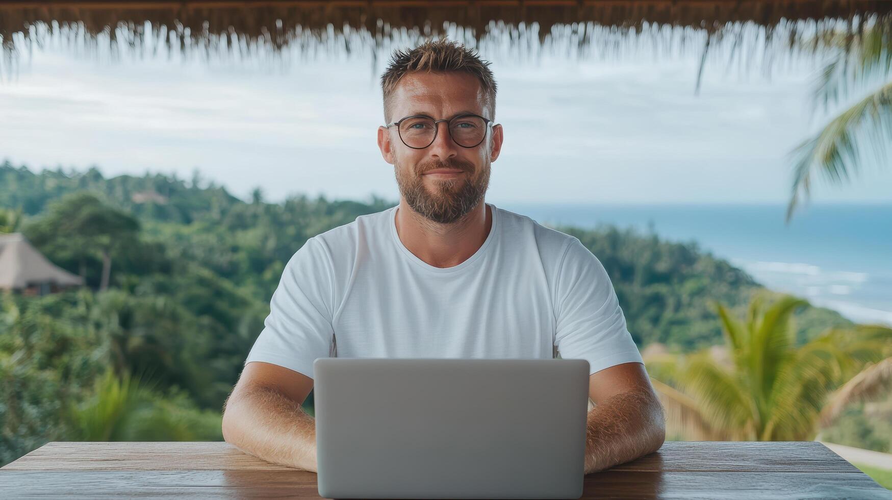 man working on laptop in tropical setting, enjoying view photo