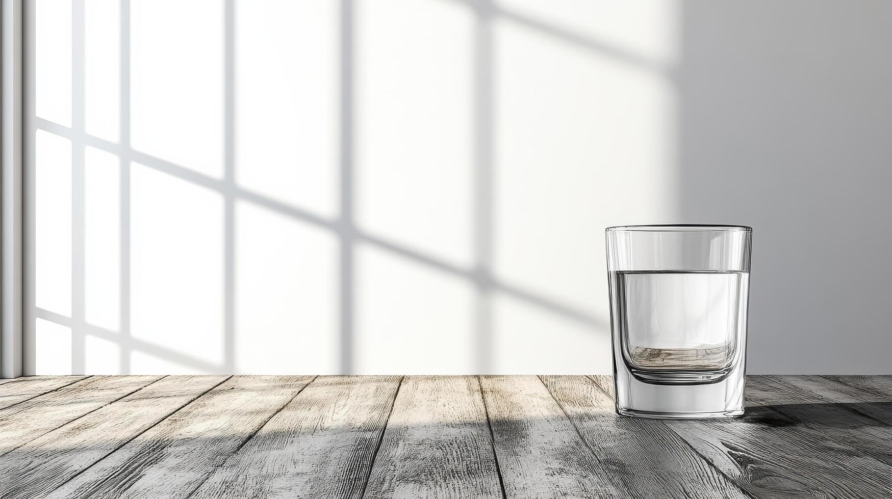 clear glass of water sits on wooden table, illuminated by soft shadows from nearby window photo