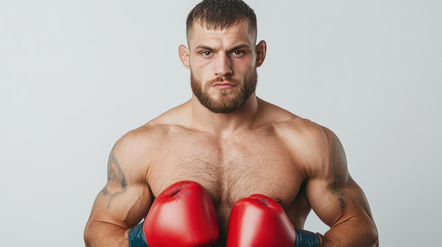 Strong boxer with red gloves, ready for match, showcasing determination and strength photo