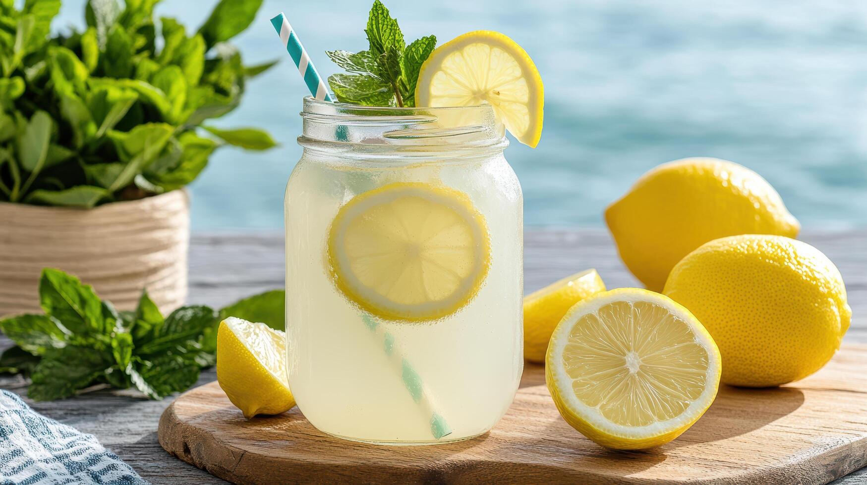 Refreshing lemonade in mason jar with lemon slices and mint leaves photo