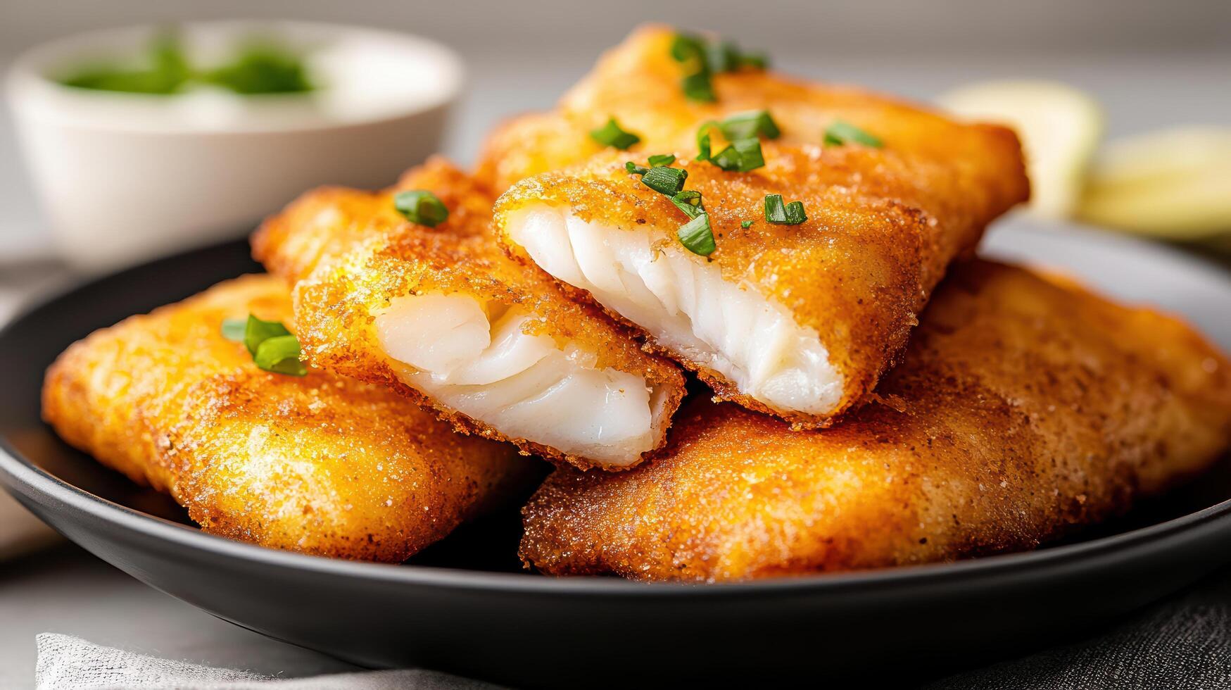 Crispy battered fish fillet served plate, garnished with green onions, delicious and appetizing photo