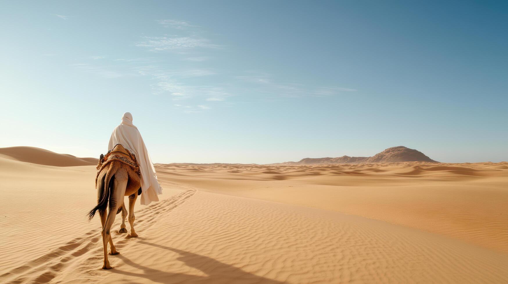 serene camel rider traverses golden sand dunes under clear blue sky, evoking tranquility photo