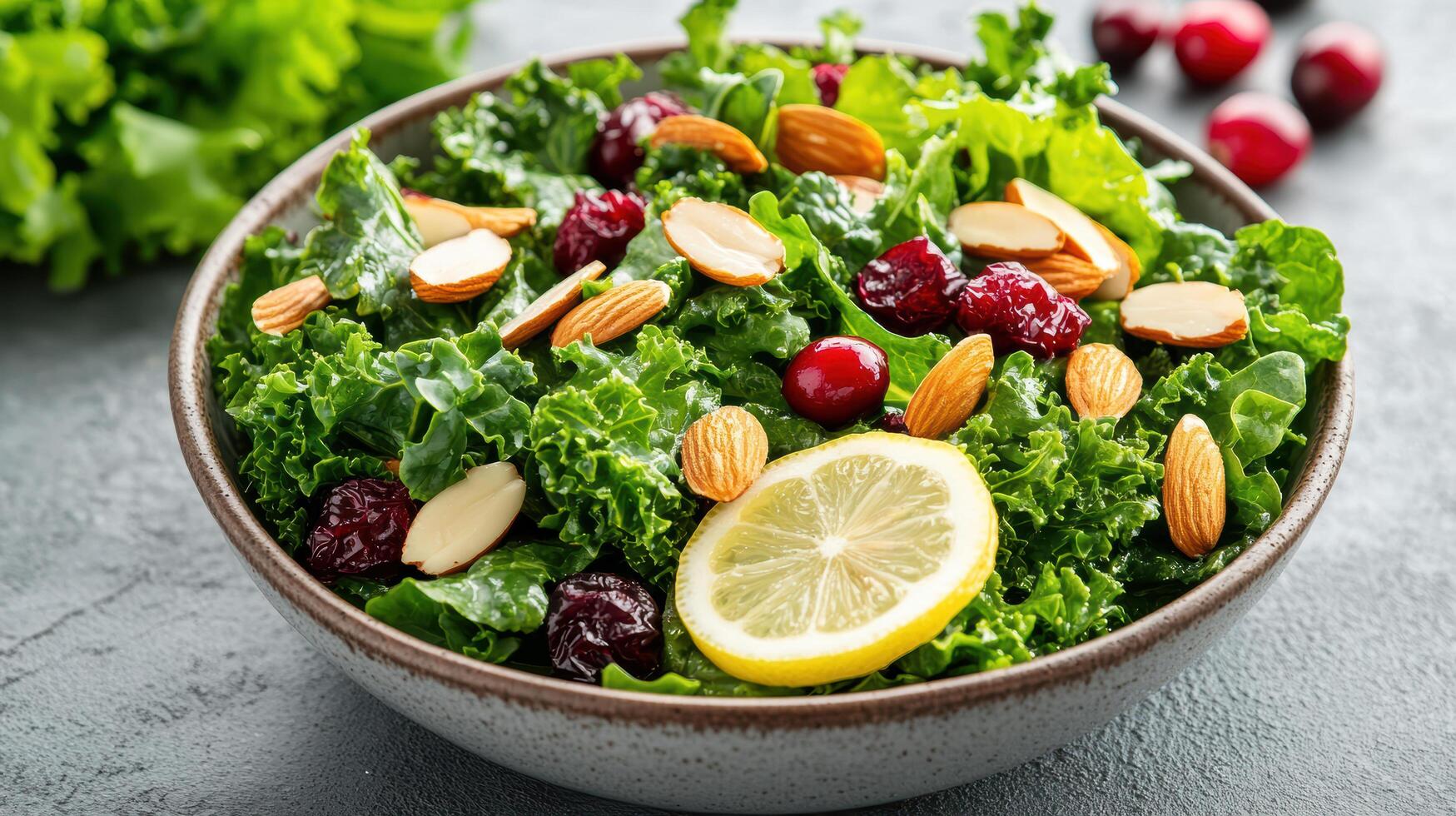 Fresh kale salad with almonds, cranberries, and lemon slices, perfect for healthy meal photo