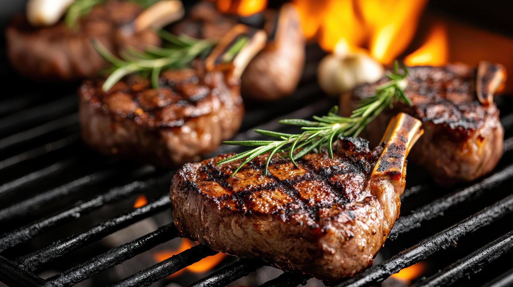 Grilled lamb chops with rosemary sizzling on barbecue, creating mouthwatering aroma photo