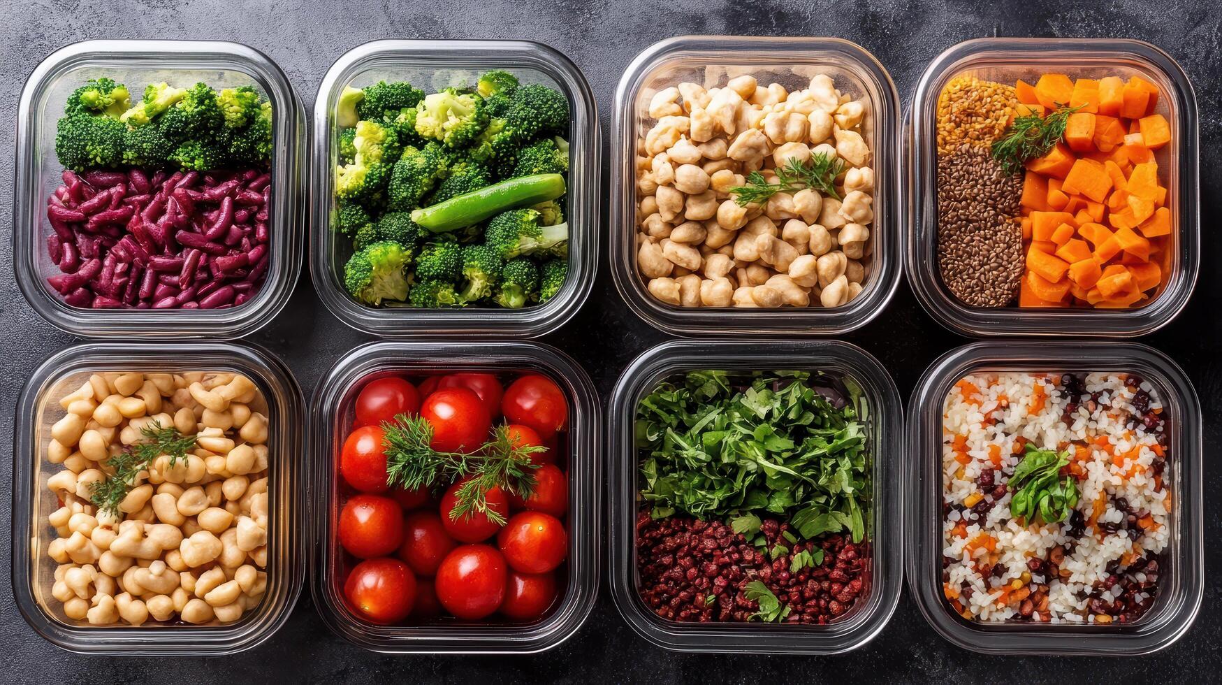 Colorful meal prep containers filled with healthy vegetables and grains, promoting balanced diet photo