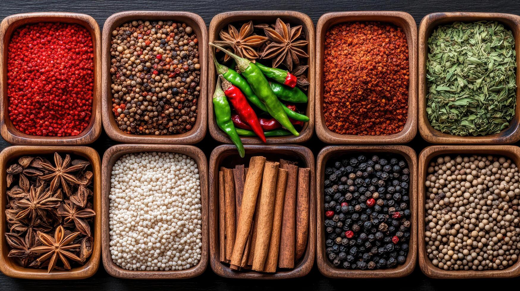 Colorful display of spices including star anise, cinnamon, and chili peppers, evoking warmth photo