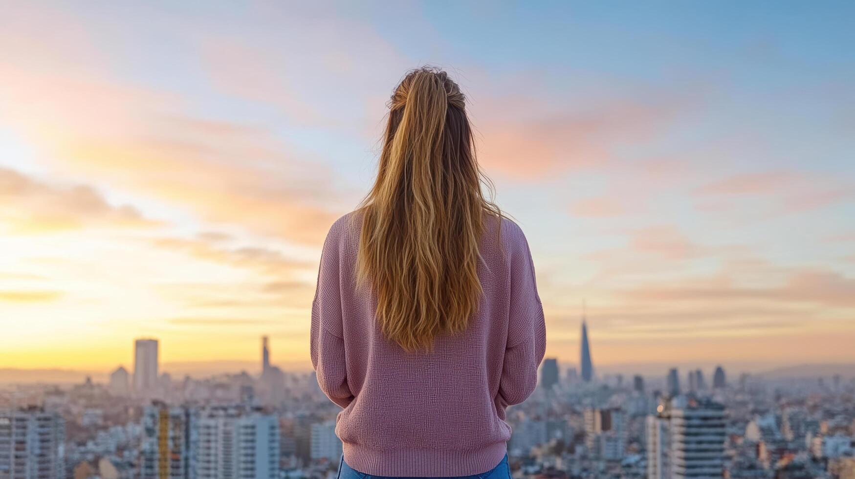 confident woman standing on city rooftop at sunrise, gazing at skyline photo
