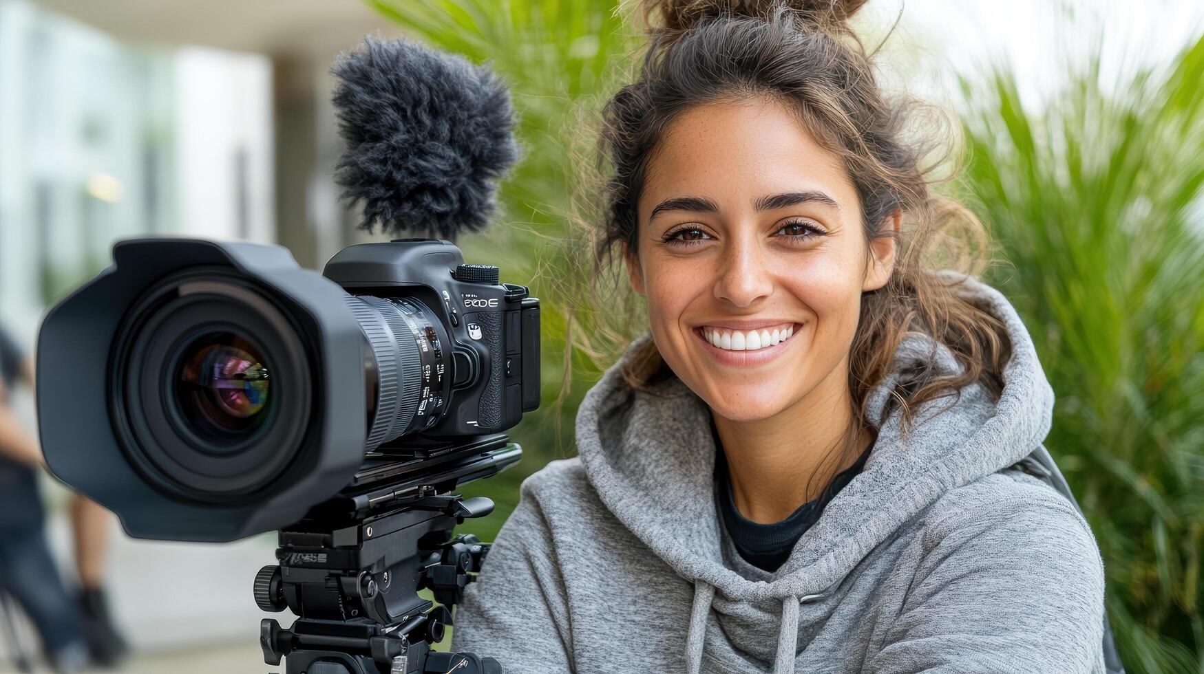 young female filmmaker smiles while capturing stories with her camera, showcasing creativity and photo