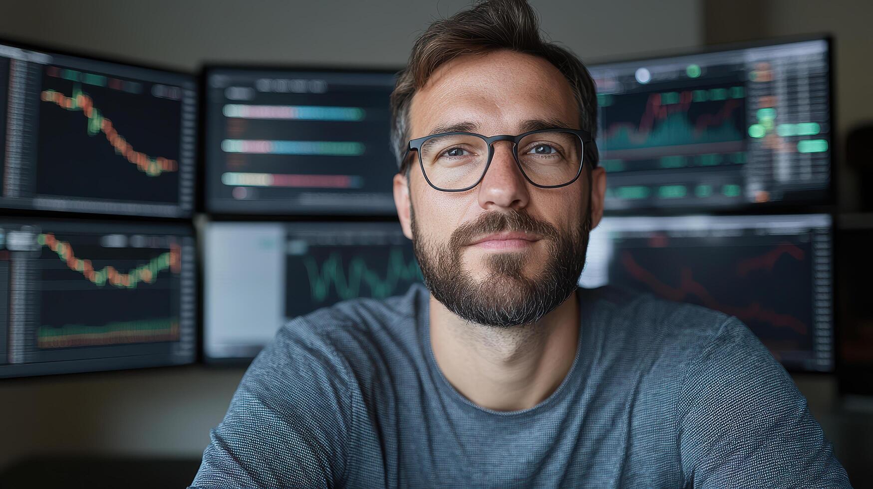young investor analyzing stock market trends with multiple screens displaying data photo