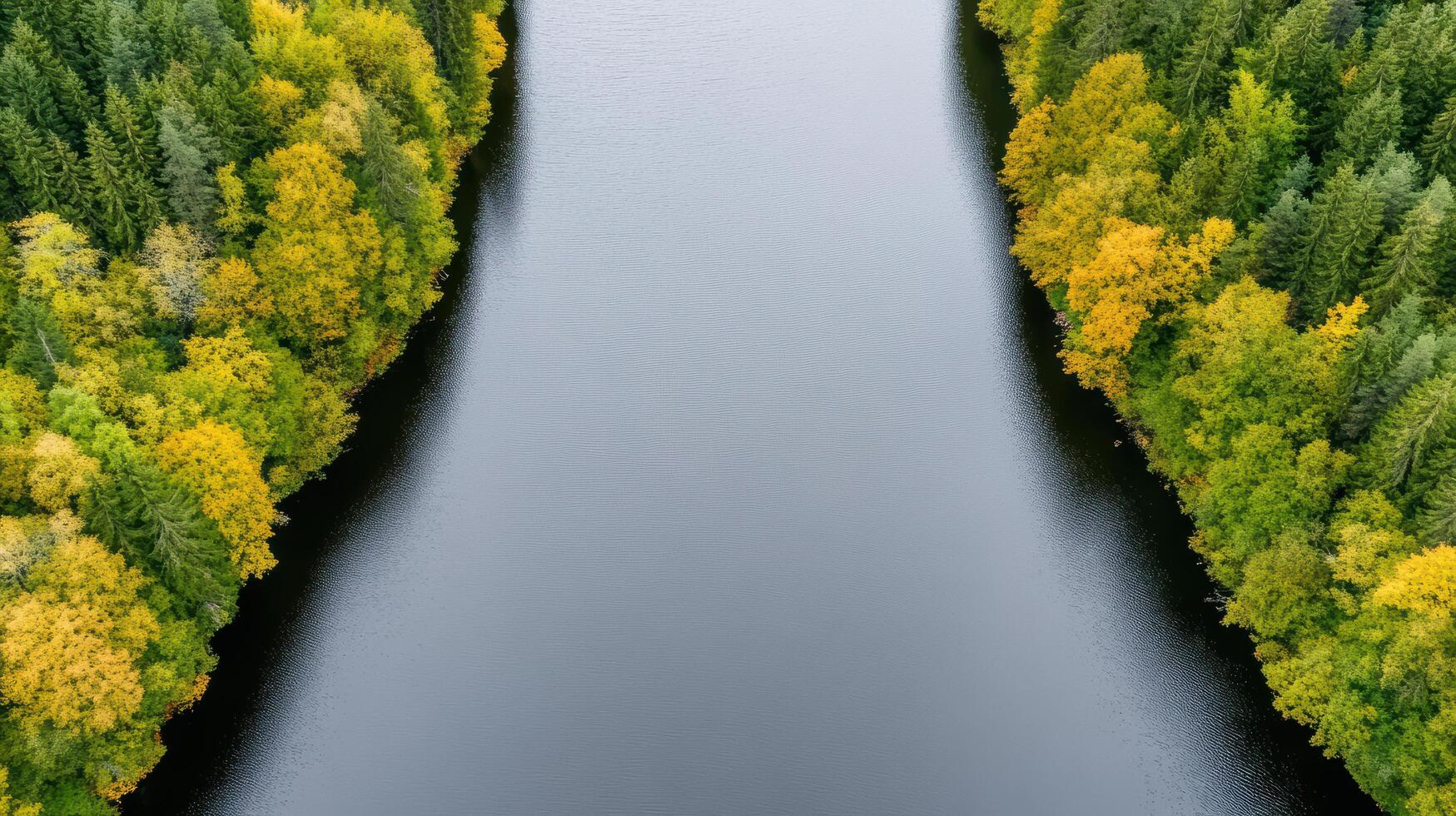 Aerial view of colorful autumn landscape with serene river surrounded by vibrant trees photo