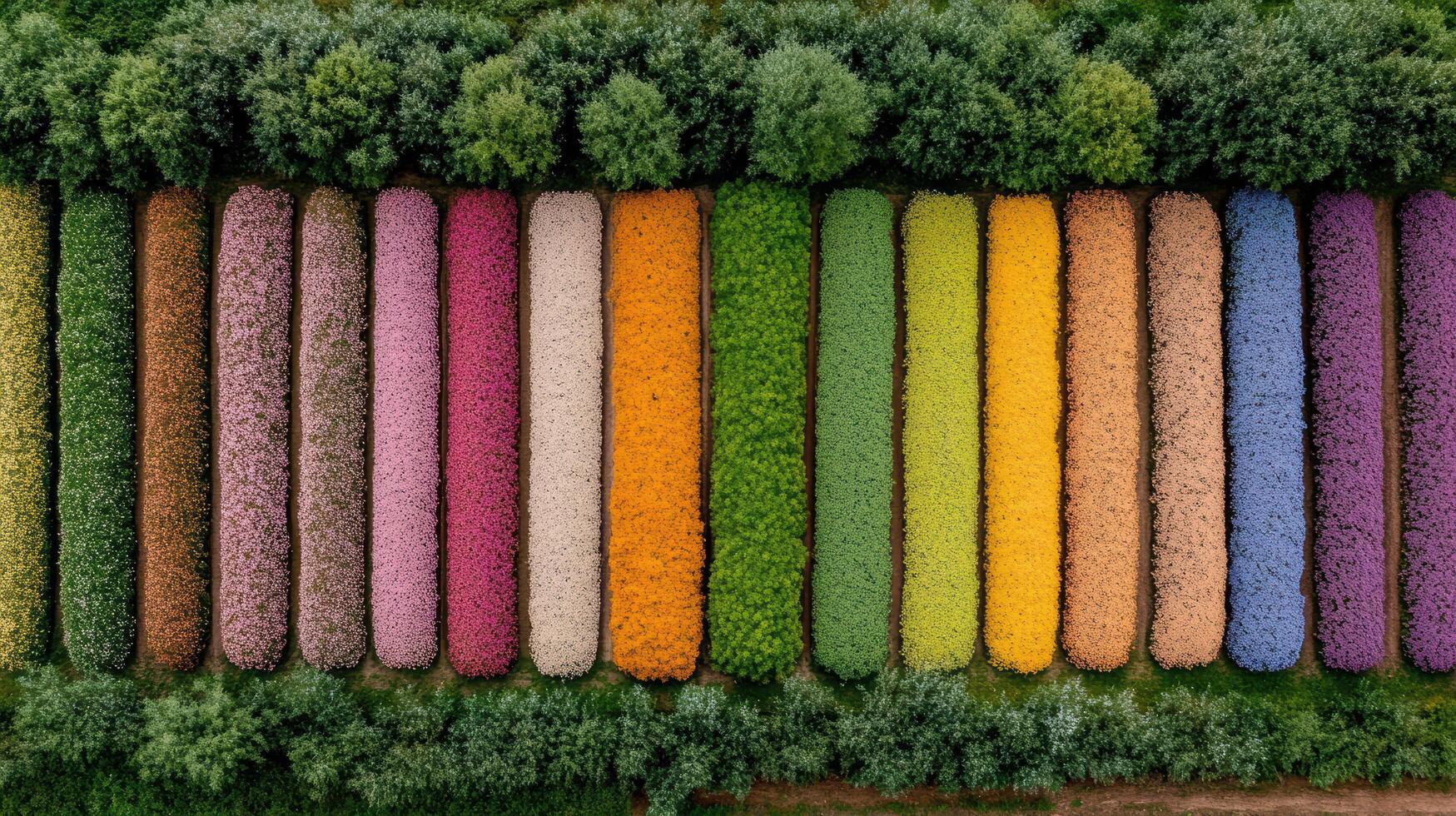 Aerial view of vibrant flower field showcasing colorful blooms neat rows, creating stunning photo