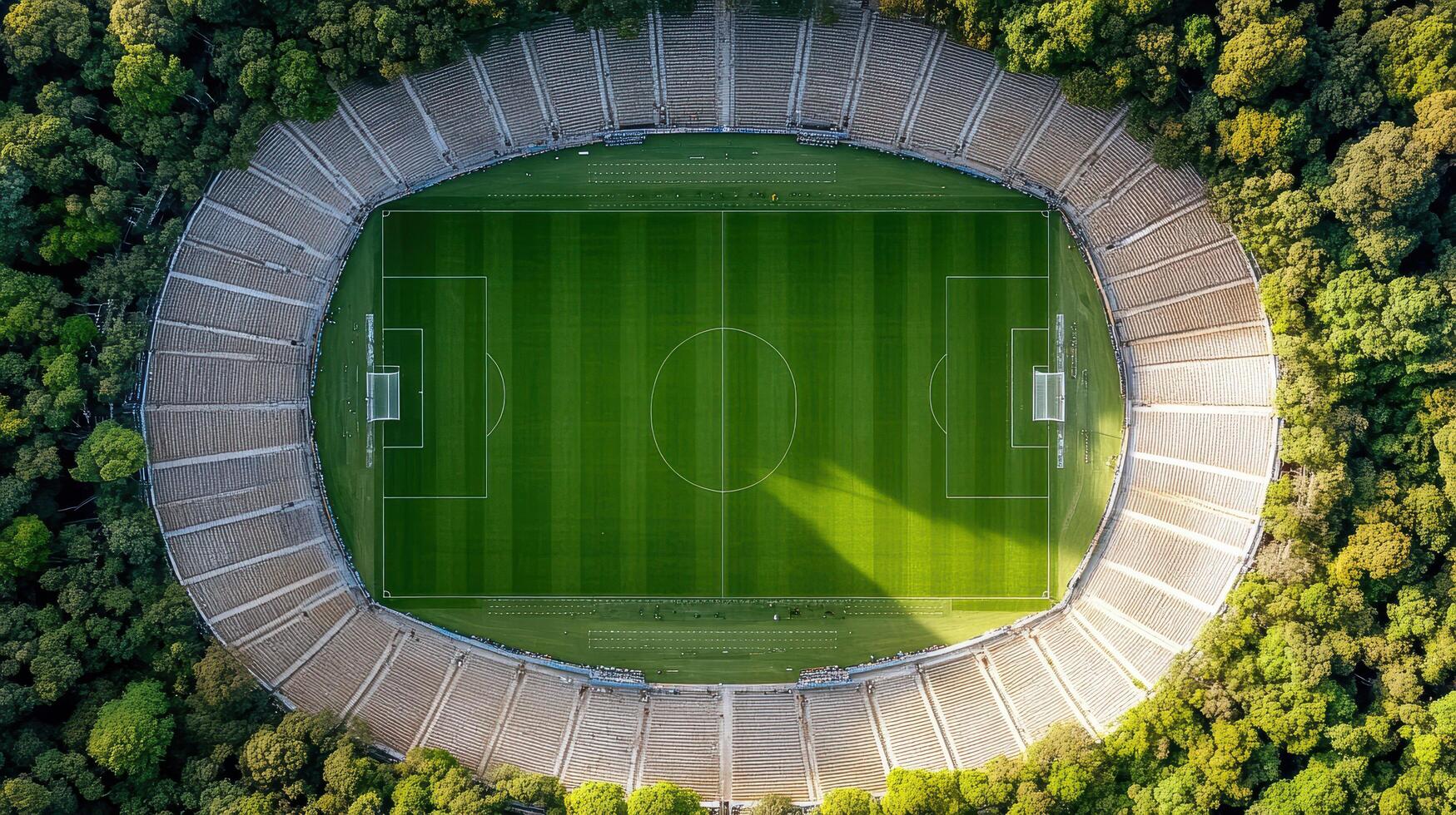 Aerial view of large sports stadium surrounded by trees, showcasing vibrant green field photo