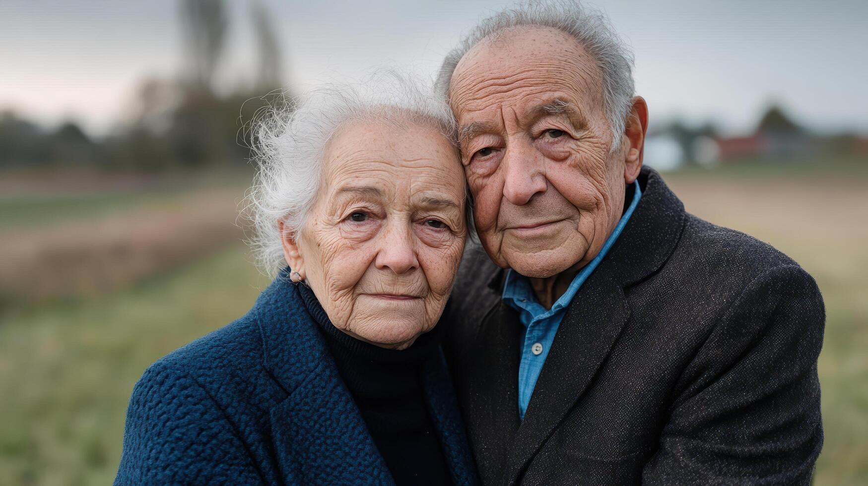 Elderly couple embracing each other warmly serene outdoor setting, showcasing love and photo