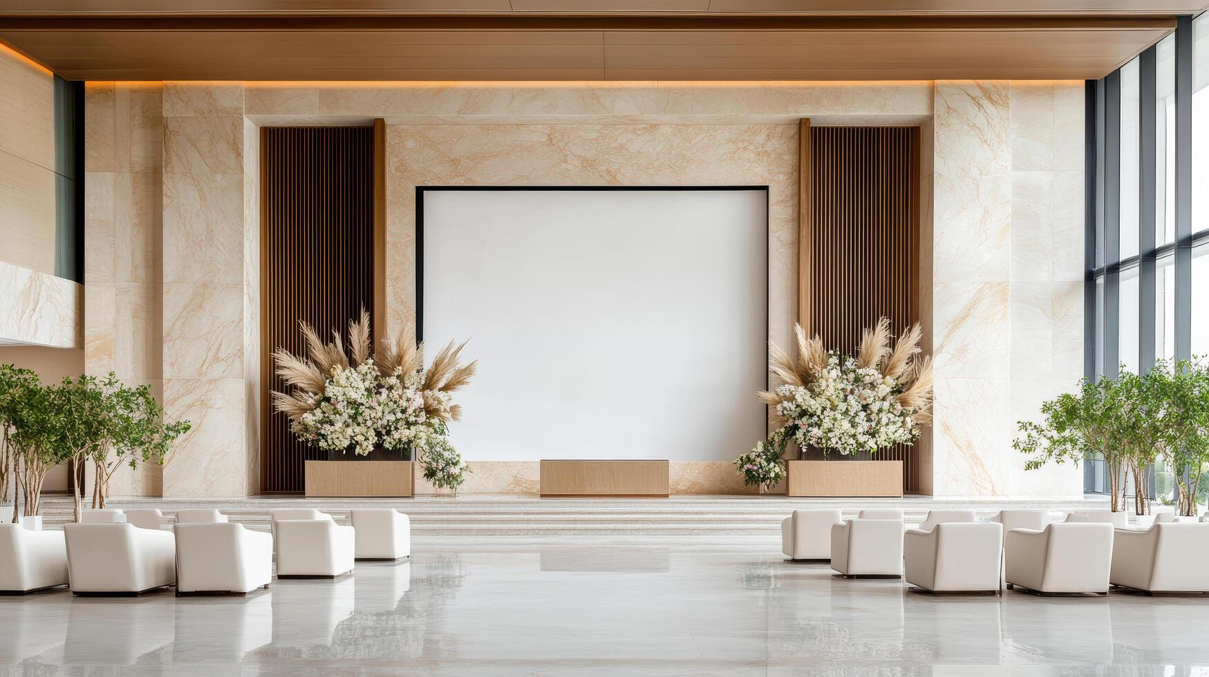 elegantly decorated seminar hall featuring floral arrangements and modern design elements photo