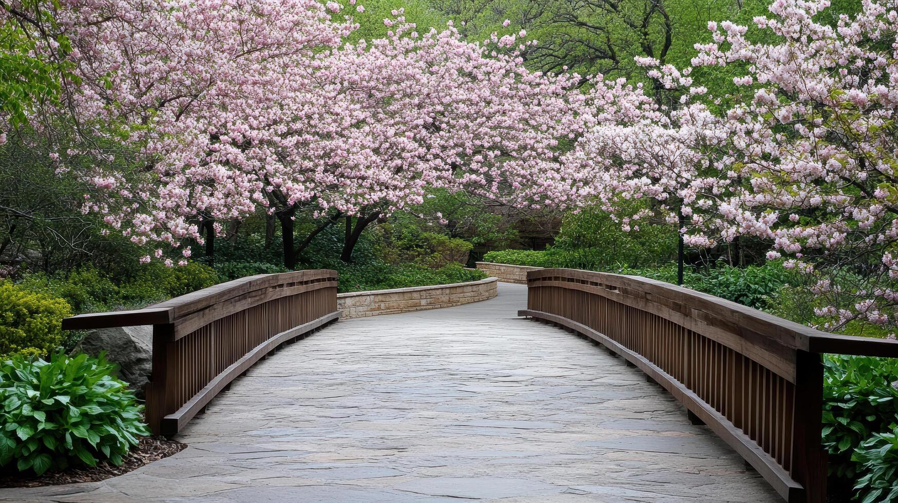 serene path winds through beautiful cherry blossom trees, creating peaceful atmosphere photo