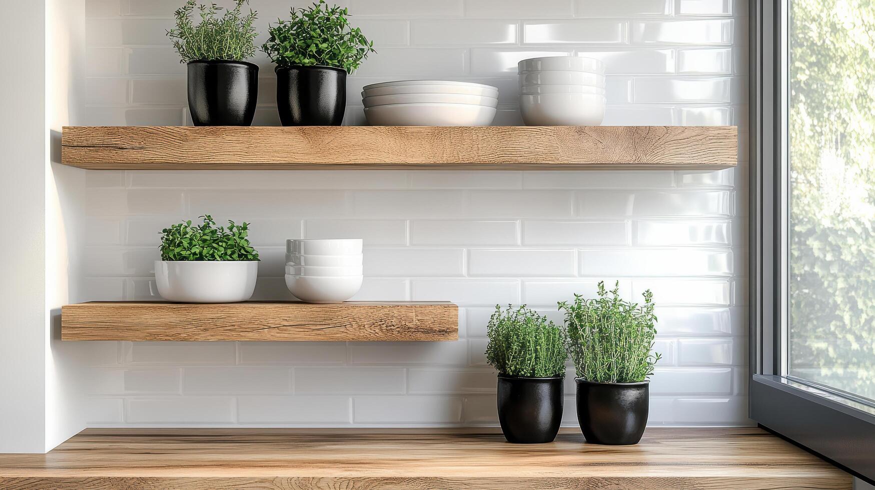 Bright kitchen with open shelves displaying fresh herbs and stylish tableware, creating cozy photo