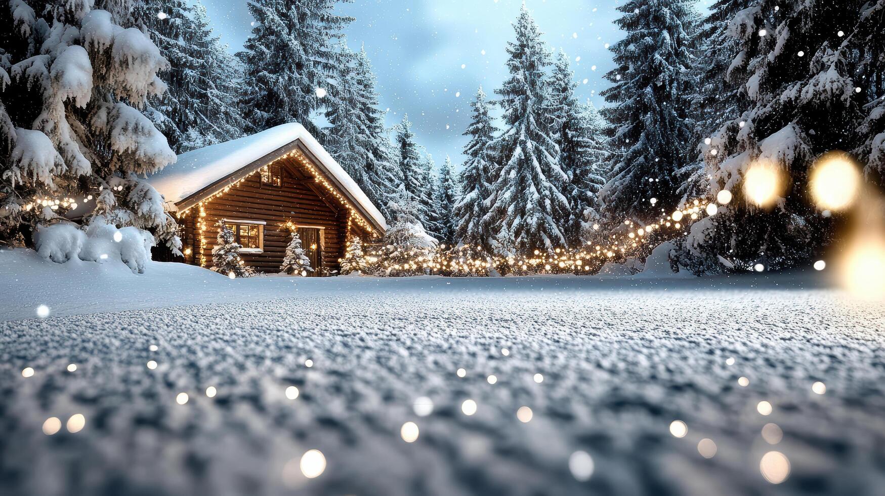 cozy cabin surrounded by snow covered trees, creating magical winter scene photo