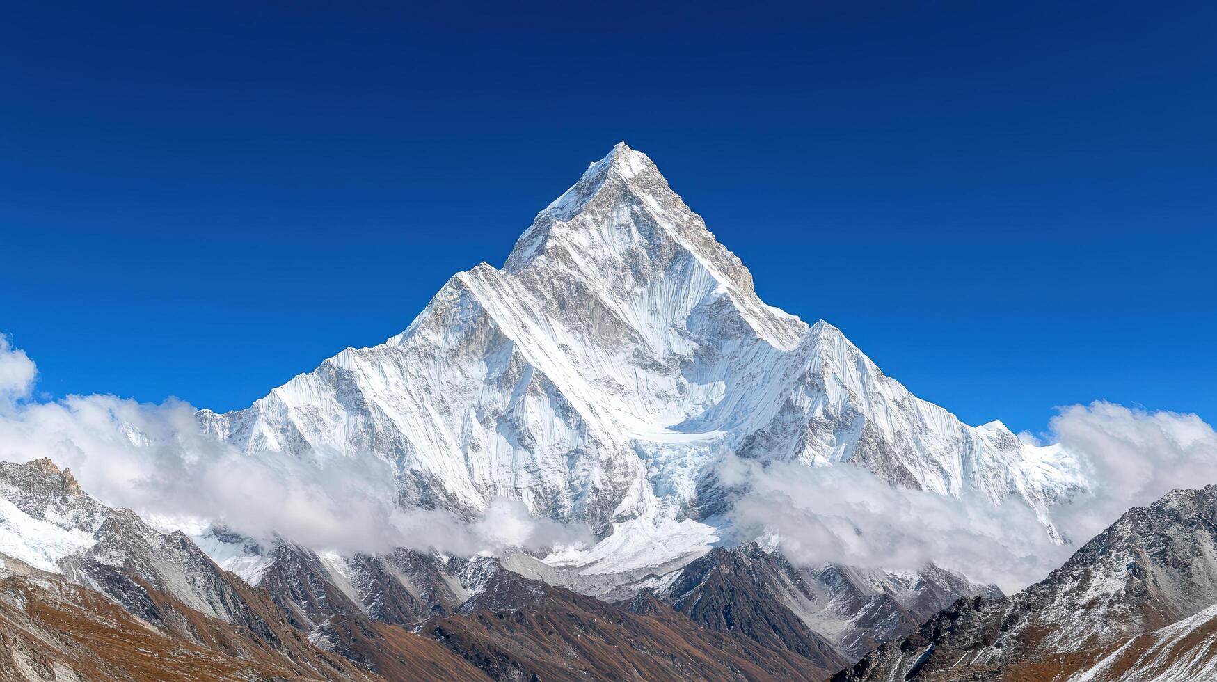Majestic mountain peak covered in snow under clear blue sky, evoking awe and tranquility photo
