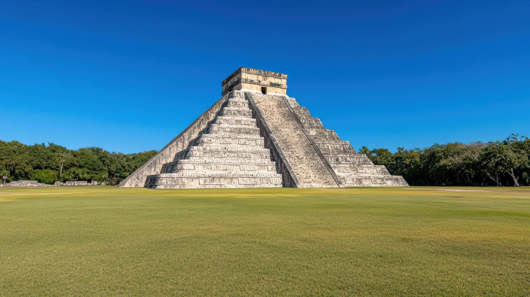 Ancient Mayan pyramid in Chichen Itza, Mexico, surrounded by lush greenery and clear skies photo