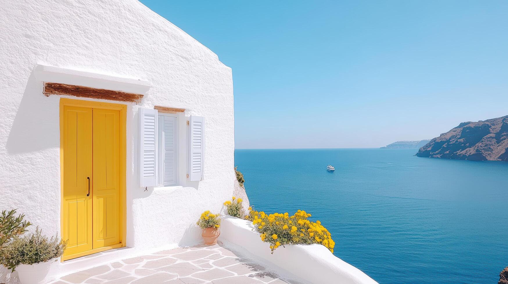 stunning view of whitewashed building with bright yellow door, overlooking serene blue sea photo