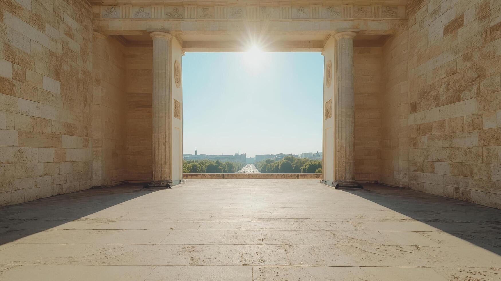 stunning view through historic Brandenburg Gate in Berlin, showcasing sunlight and architecture photo