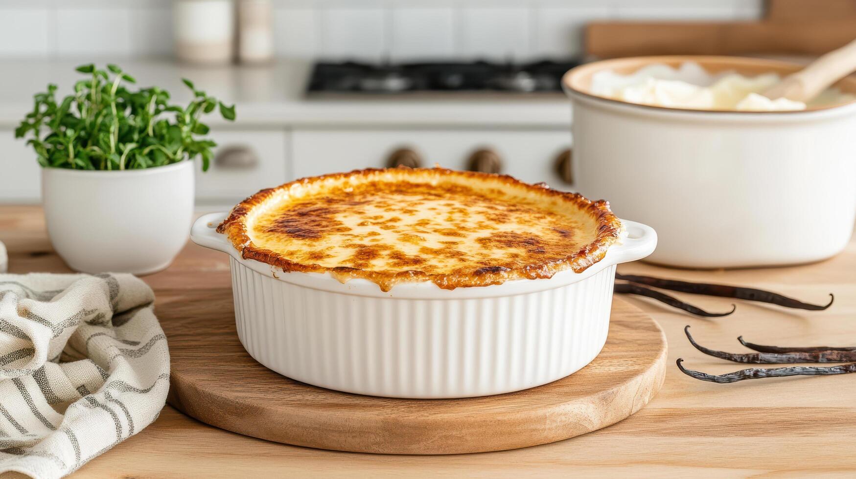 Creamy dessert in white dish, baked to perfection, surrounded by kitchen elements photo