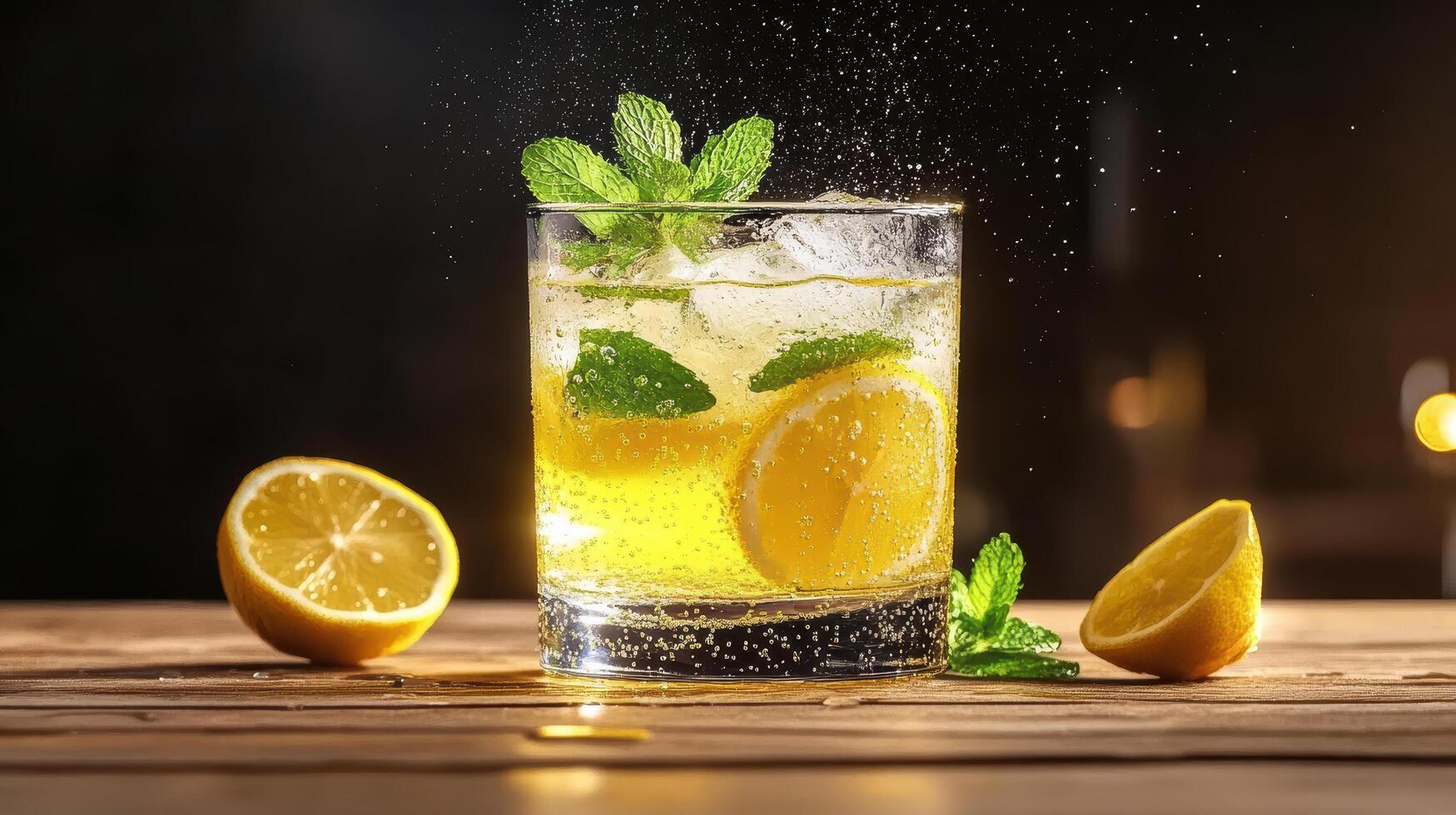 Refreshing lemonade with mint and lemon slices, sparkling bubbles create vibrant atmosphere photo