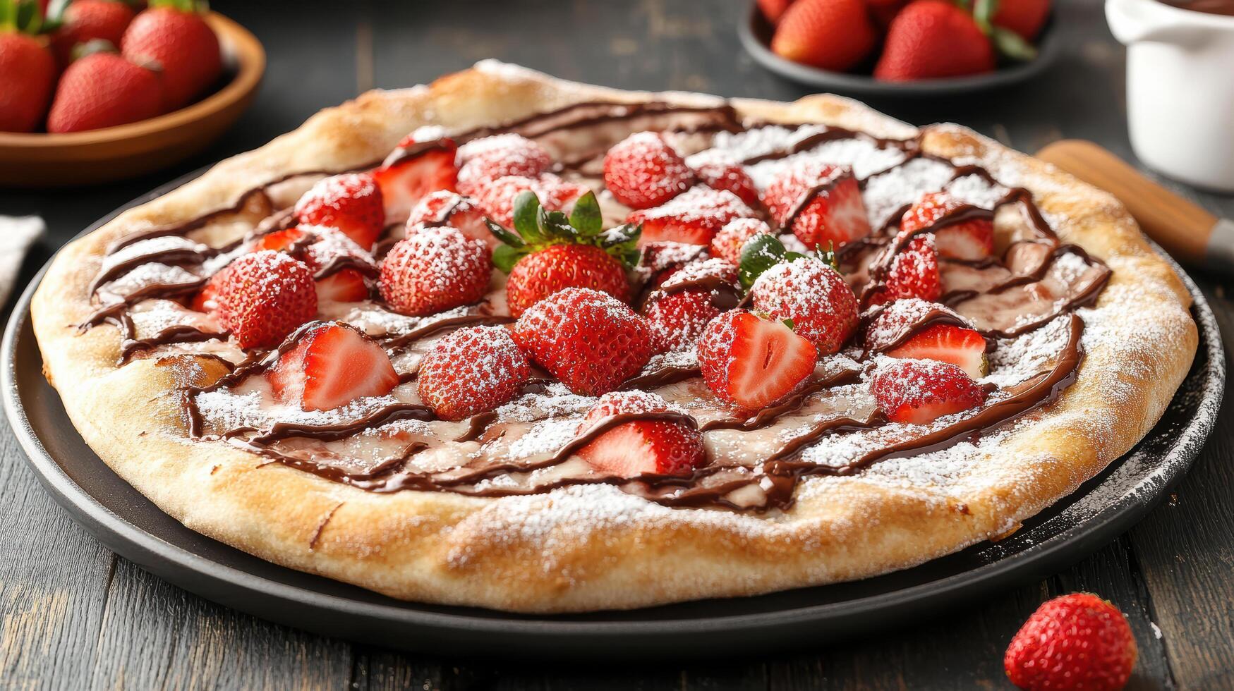 Delicious dessert pizza topped with Nutella, fresh strawberries, and powdered sugar photo