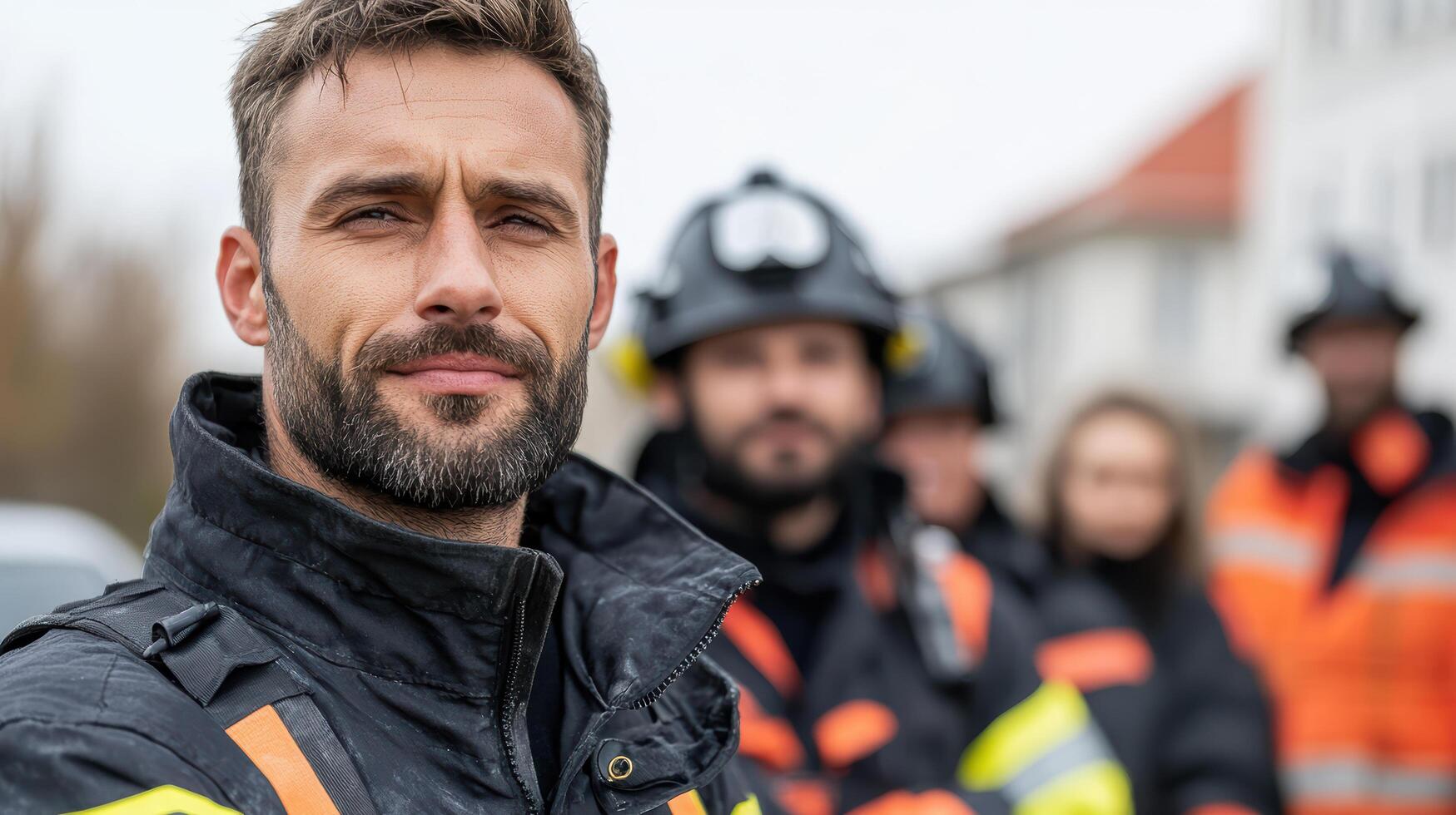 Confident firefighter leading team during rescue operation, showcasing bravery and teamwork photo