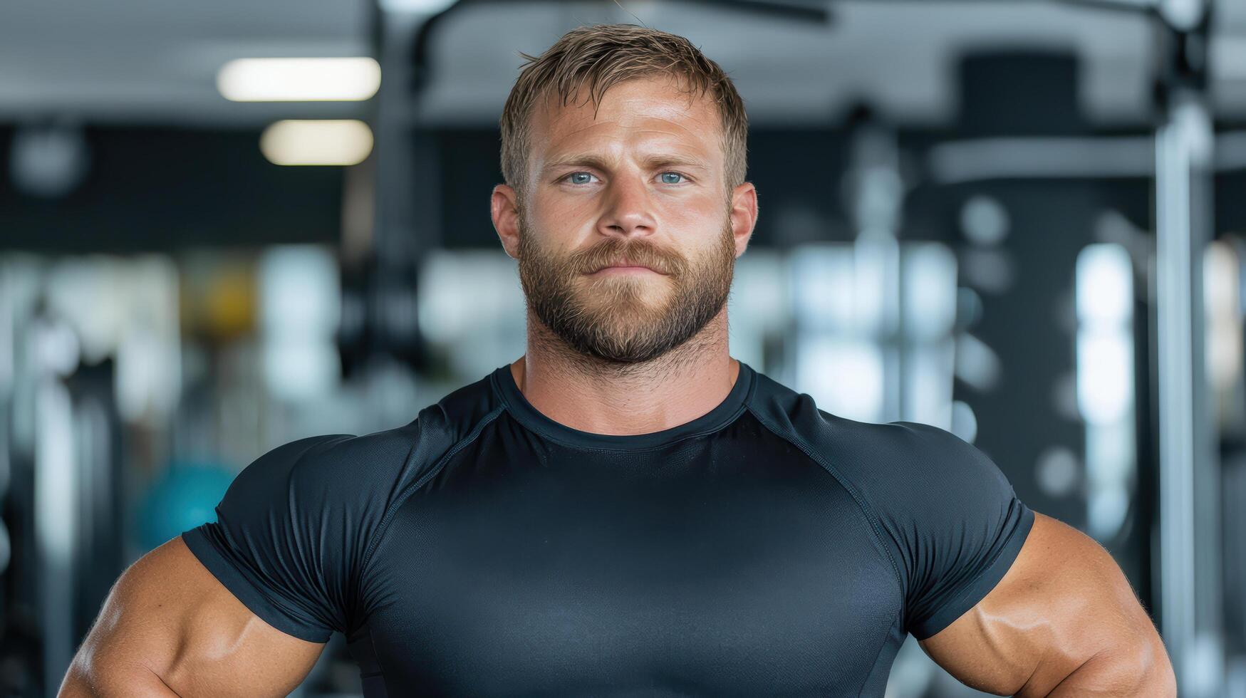 Strong fitness enthusiast with determined expression gym setting, showcasing muscular physique photo