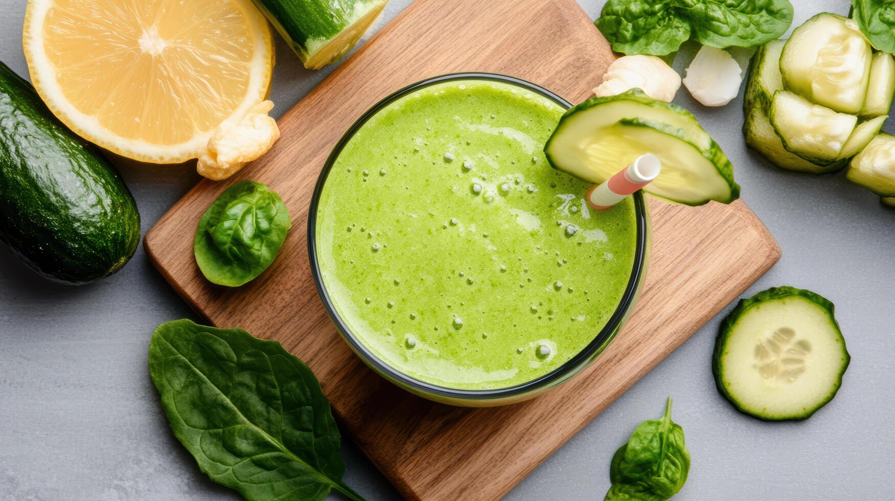 refreshing green smoothie made with spinach, cucumber, and lemon, surrounded by fresh photo