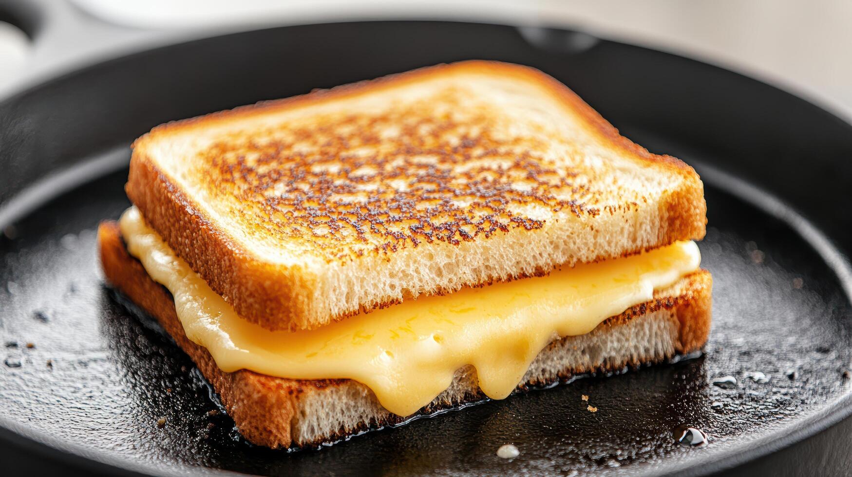 delicious grilled cheese sandwich with melted cheese, perfectly toasted, sits in skillet photo