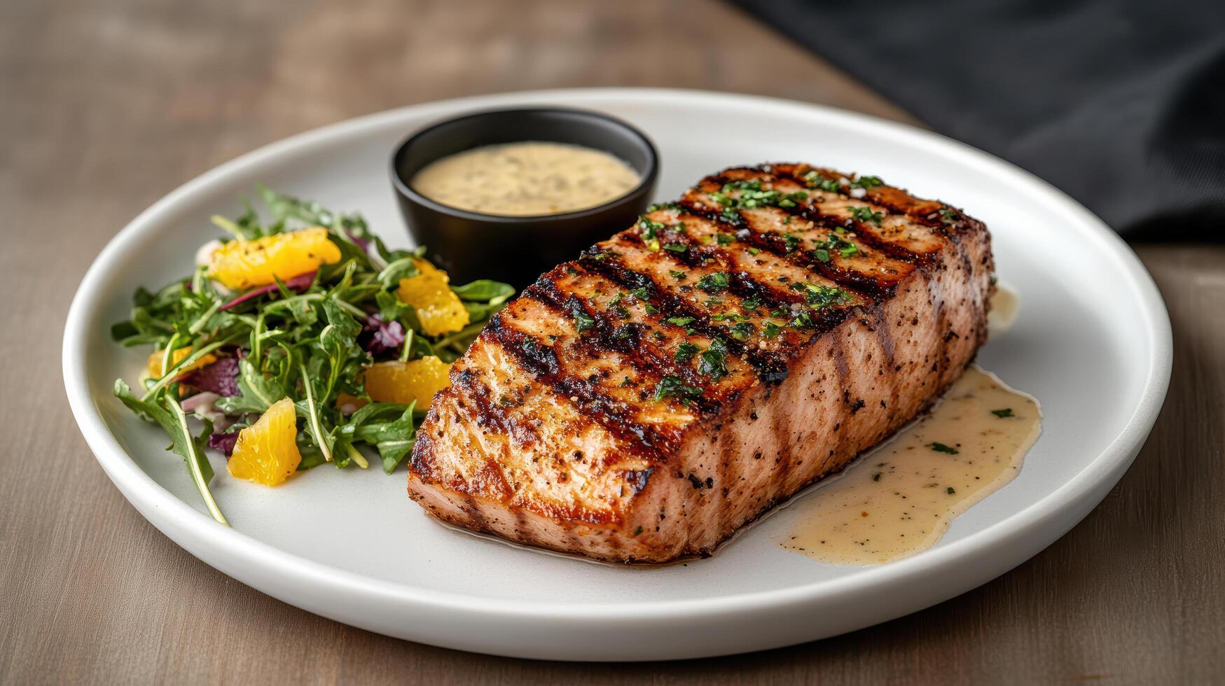 Grilled tuna steak with seared crust, served with salad and sauce, looks delicious photo