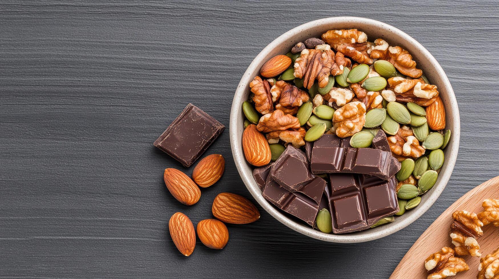 Healthy trail mix bowl with nuts, seeds, and dark chocolate pieces for nutritious snack photo