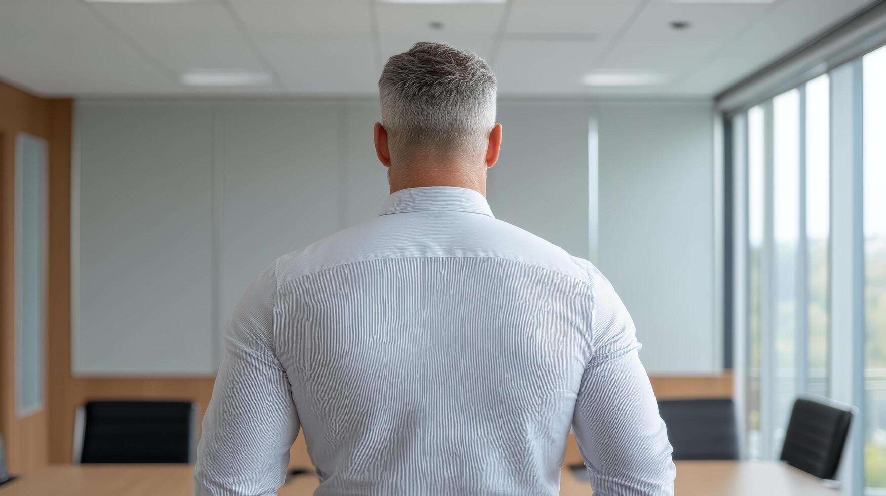professional man stands confidently in meeting room, ready to engage photo