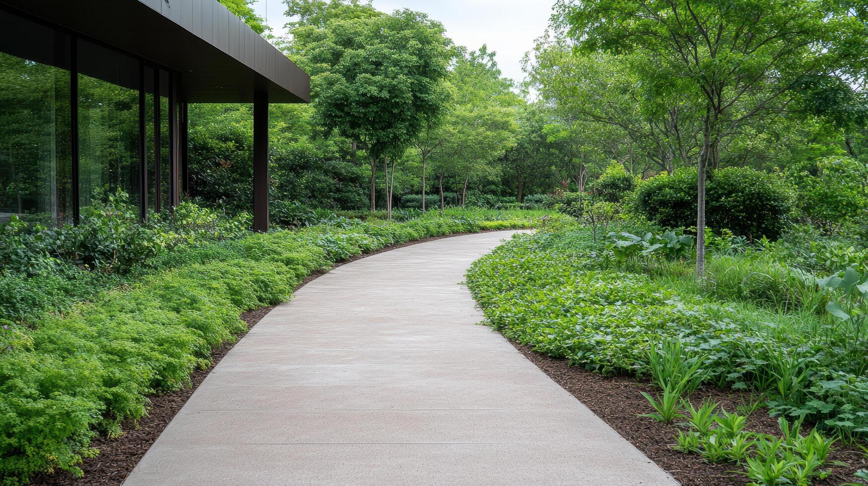 serene pathway winds through lush garden, surrounded by vibrant greenery and trees photo