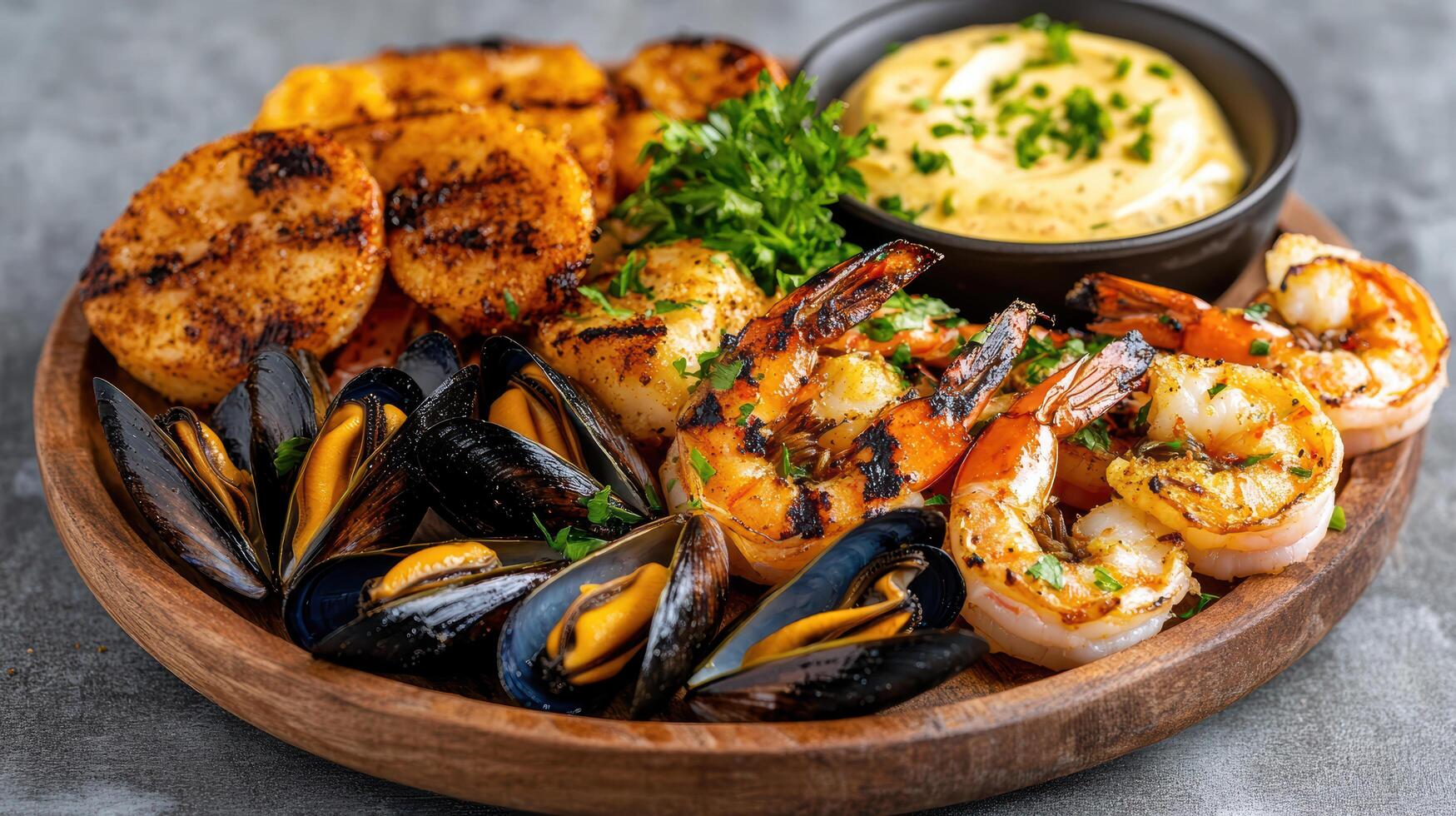 Grilled prawns and mussels served with creamy sauce and garnished with herbs photo