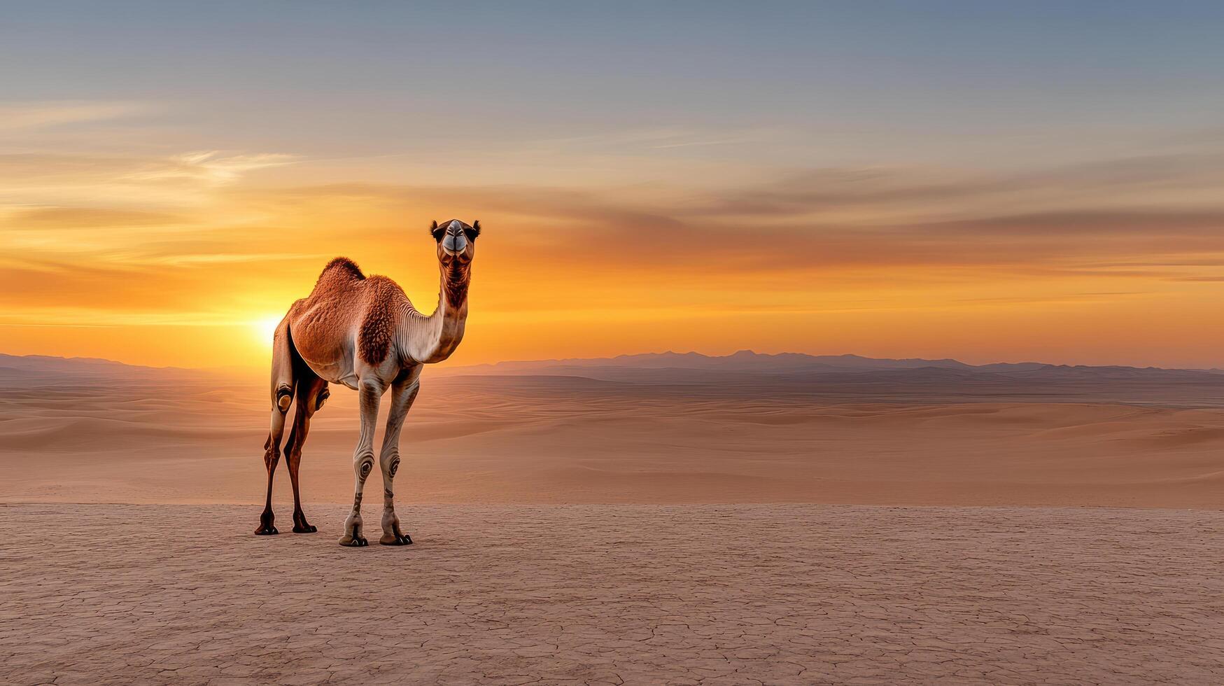 majestic camel standing tall on ridge at sunset, showcasing beauty of desert landscape photo