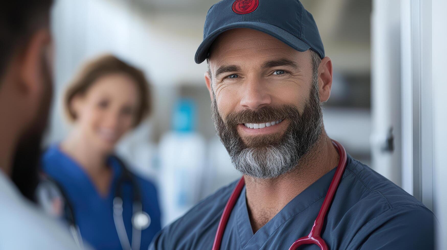 Experienced medical professional smiling confidently healthcare setting, showcasing teamwork and photo