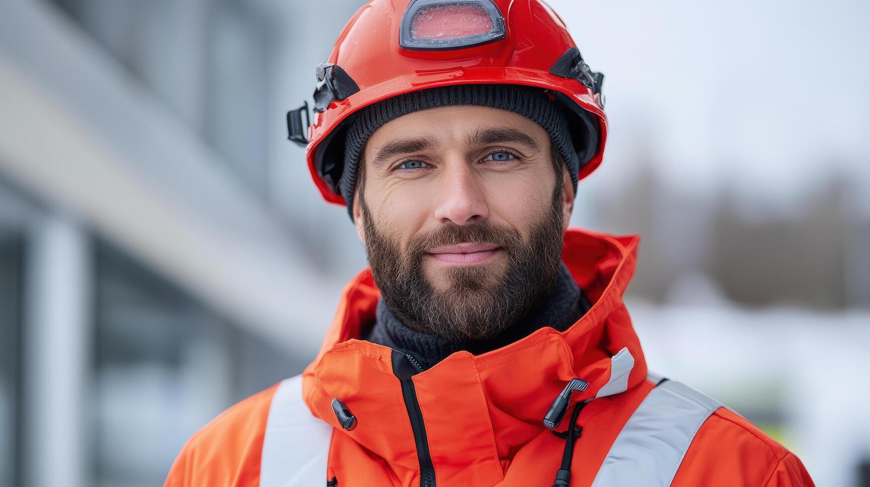 confident worker orange safety jacket and helmet smiles, showcasing professionalism and photo