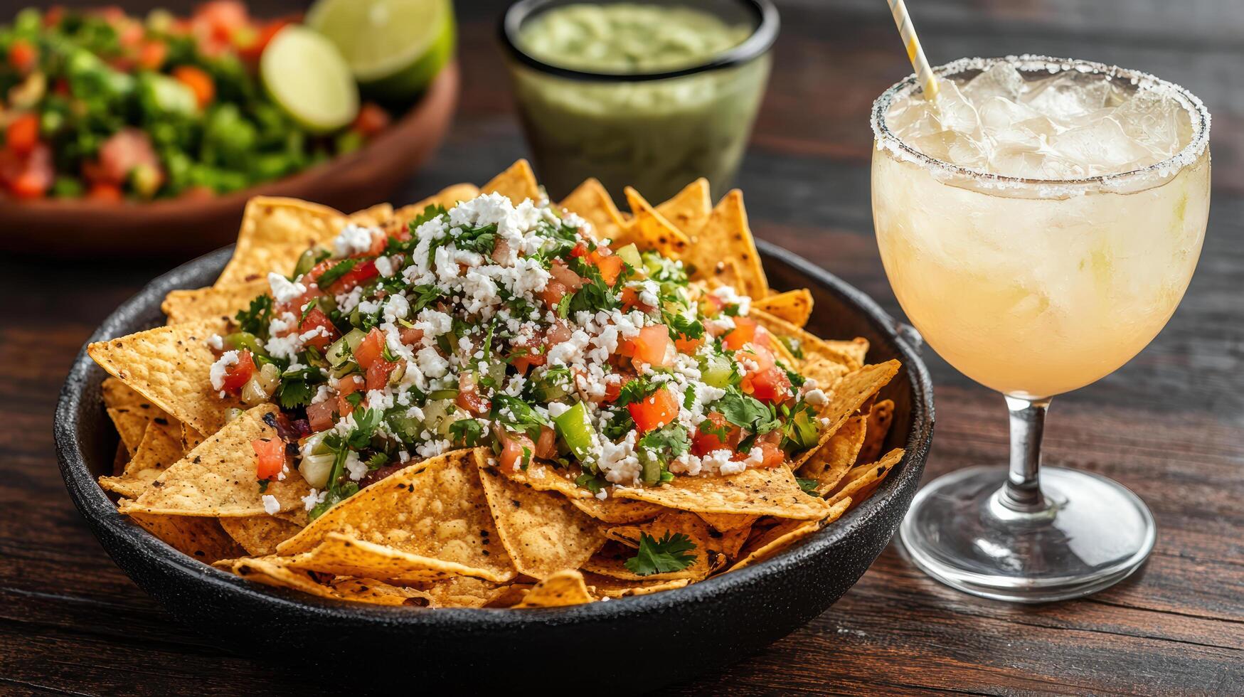 Crispy nachos topped with fresh salsa, cheese, and served with refreshing drink photo