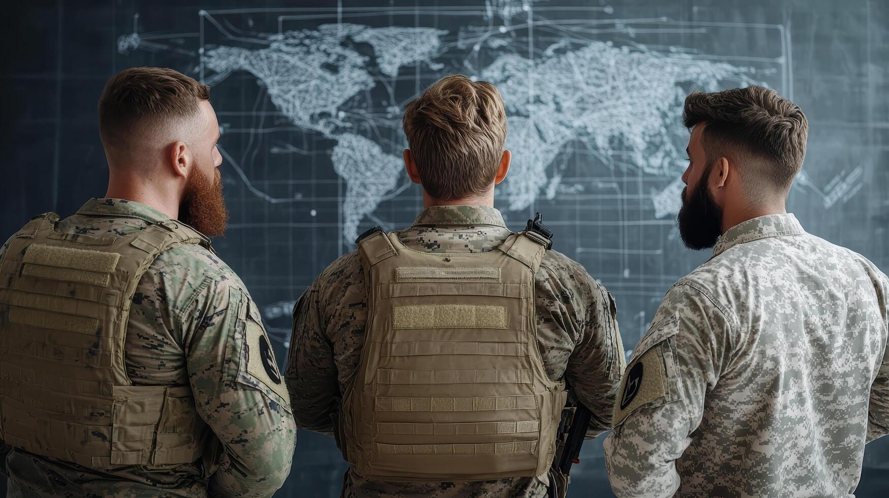 Military personnel strategizing in front of world map, showcasing teamwork and focus photo