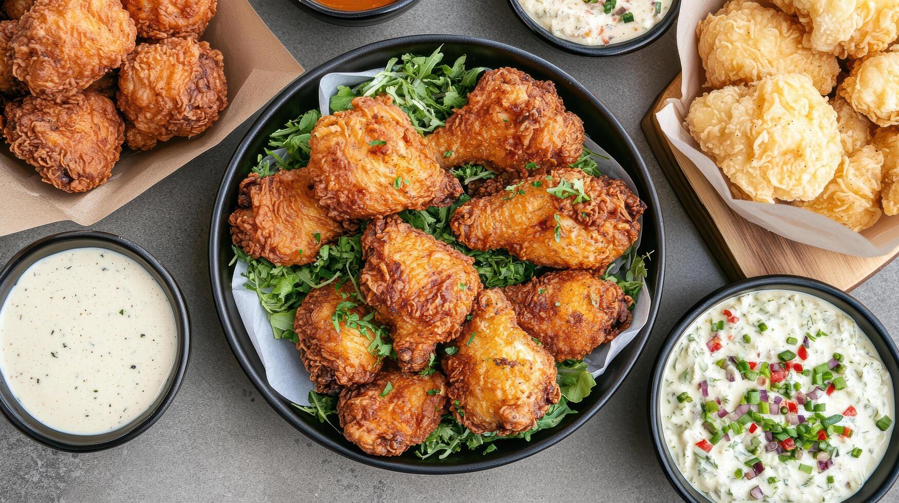 Crispy fried chicken served with various dipping sauces and sides, perfect for sharing photo