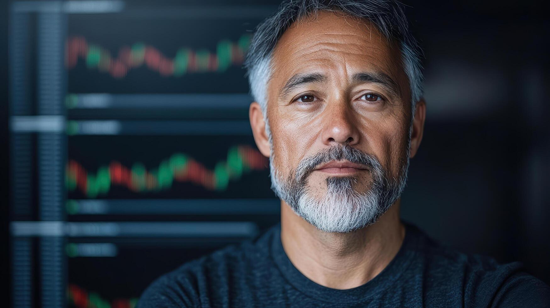 Professional man with gray beard and serious expression, analyzing stock market data photo