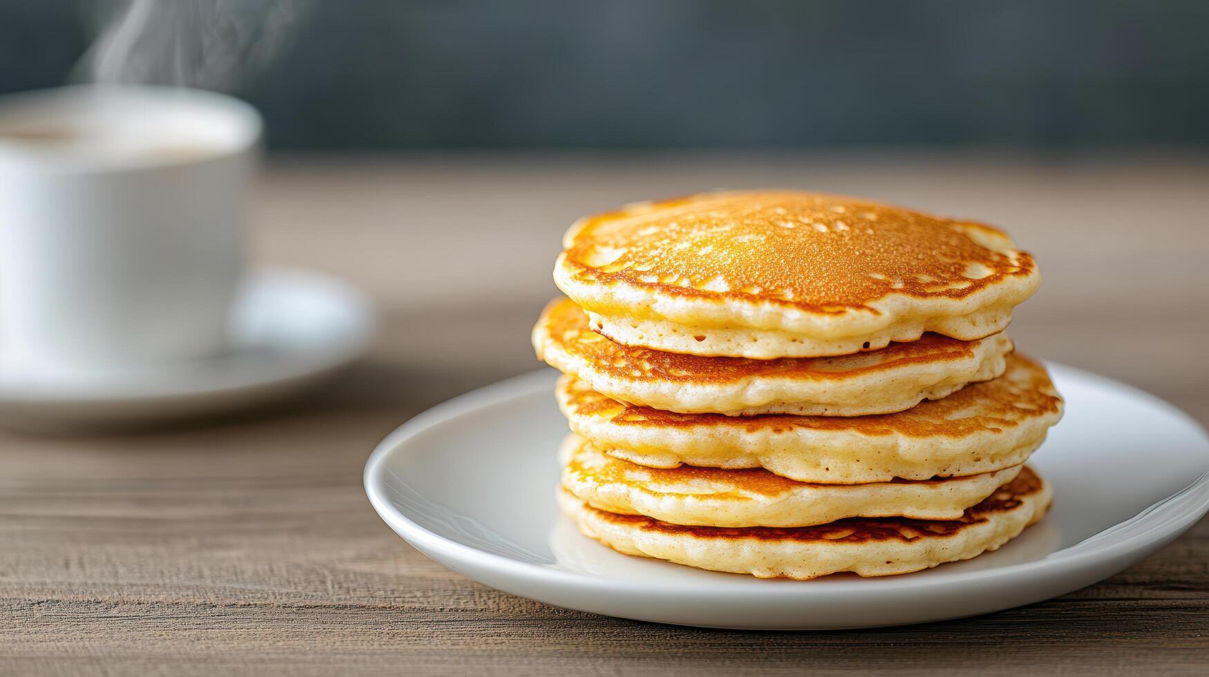 Fluffy pancakes stacked plate, accompanied by warm cup of coffee, create cozy breakfast scene photo