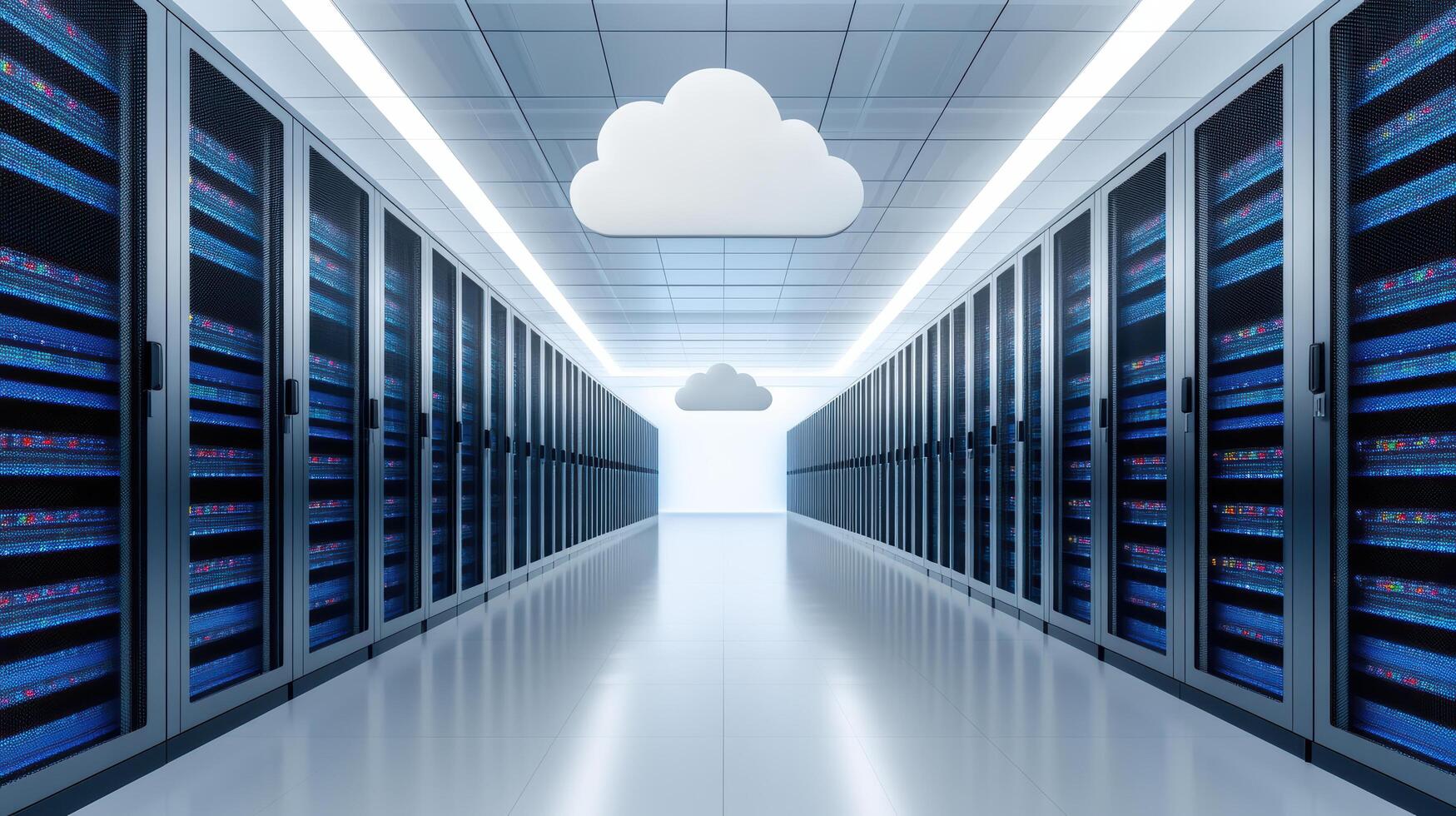 modern data center with rows of servers and cloud icons above, symbolizing cloud computing photo