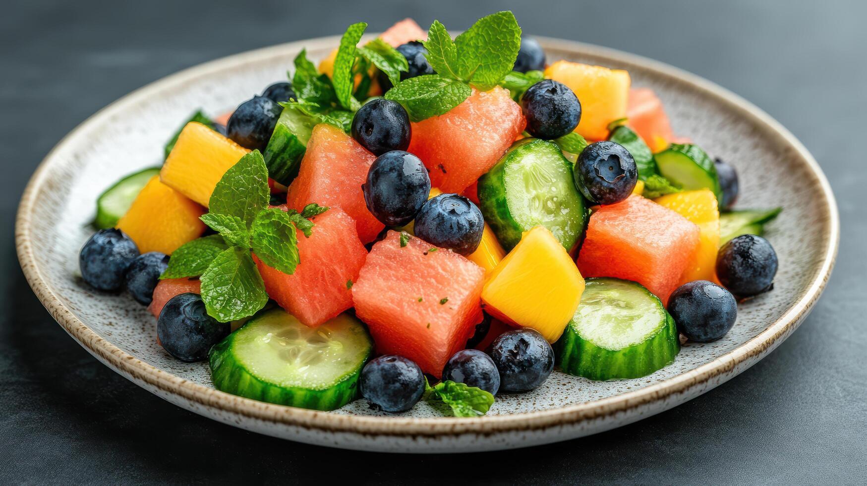 Fresh summer salad with watermelon, mango, blueberries, and cucumber, garnished with mint photo