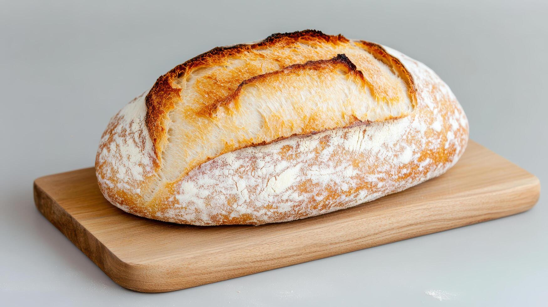 Freshly baked artisan sourdough bread wooden board, showcasing its crusty exterior and soft photo