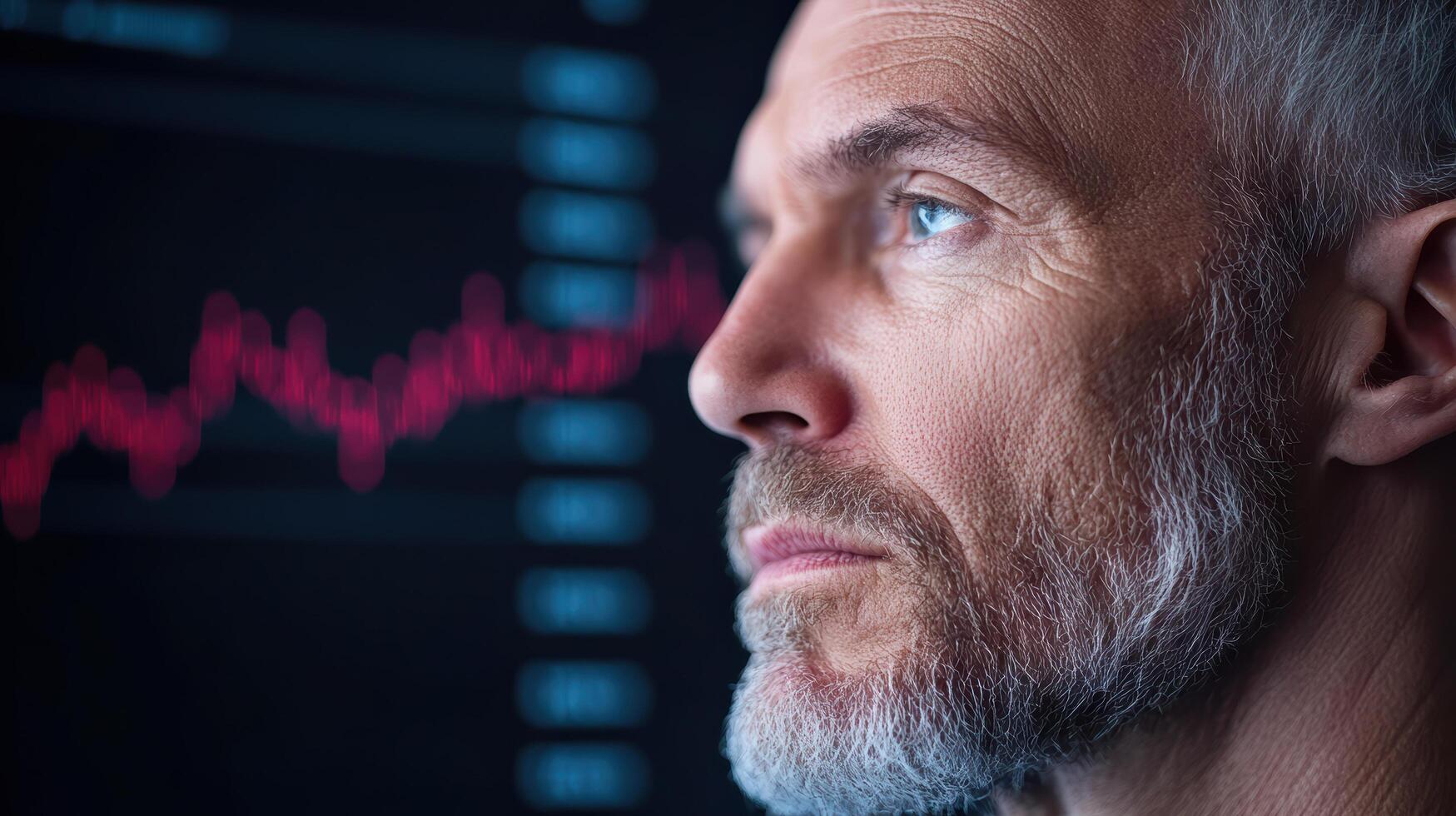 Futuristic AI system analyzing market trends with focused individual observing data photo